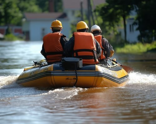 Rescue,Team,Navigating,A,Flooded,Residential,Street,In,An,Inflatable